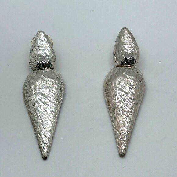 Estate Jewelry - Vintage Chicos Earrings, Hammered Silvertone, Teardrop Dangle Statement